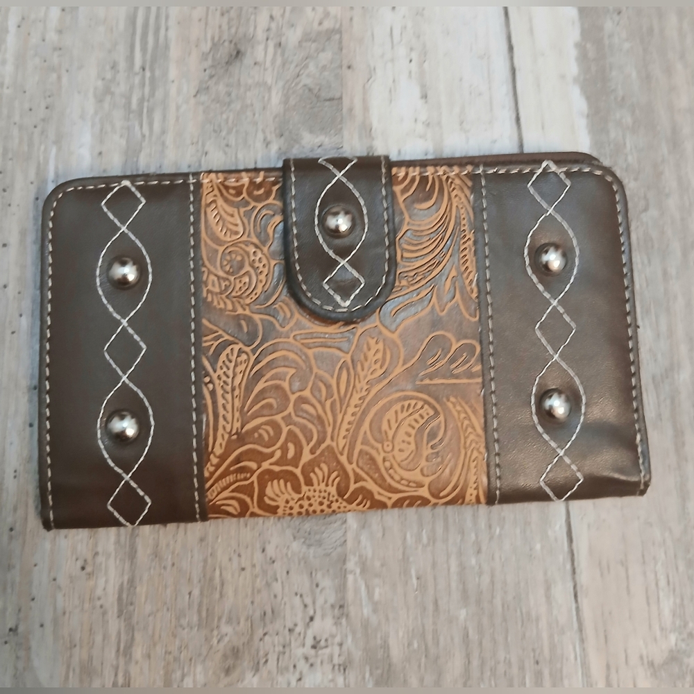 Gold Coast Western Tooled Floral Wallet New Vegan Leather Snap